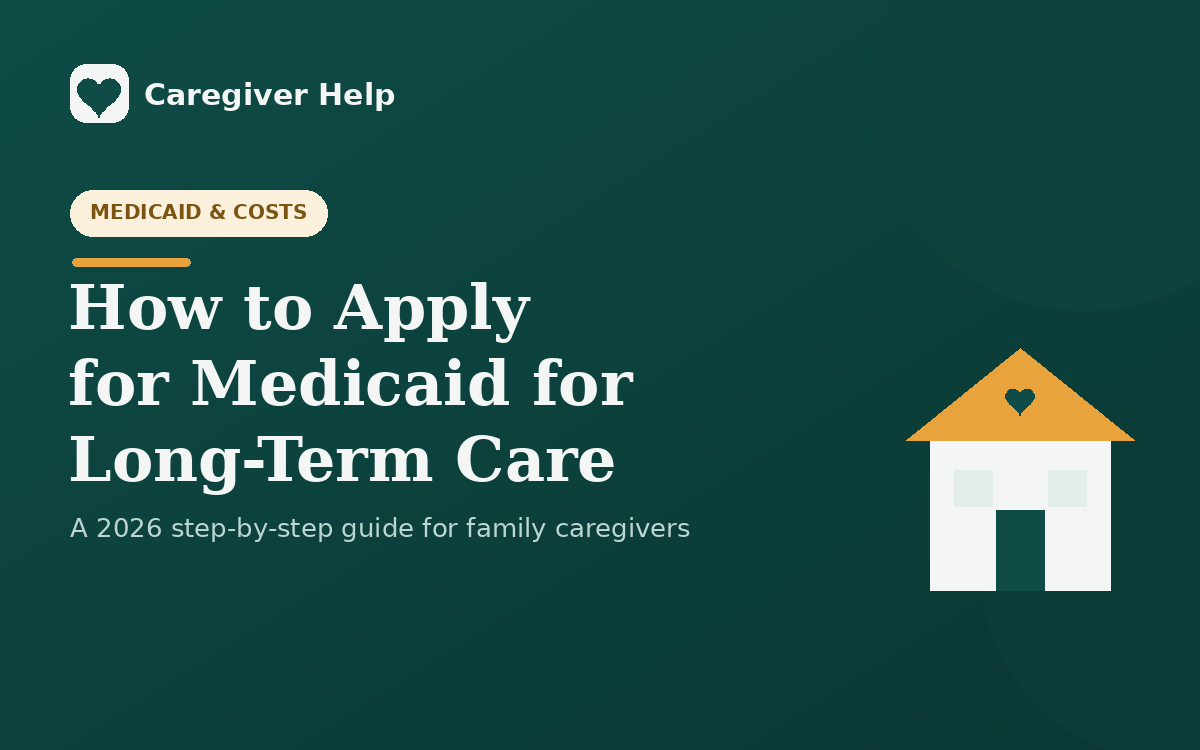 Caregiver Help step-by-step guide to applying for Medicaid long-term care, showing a document folder and a checklist