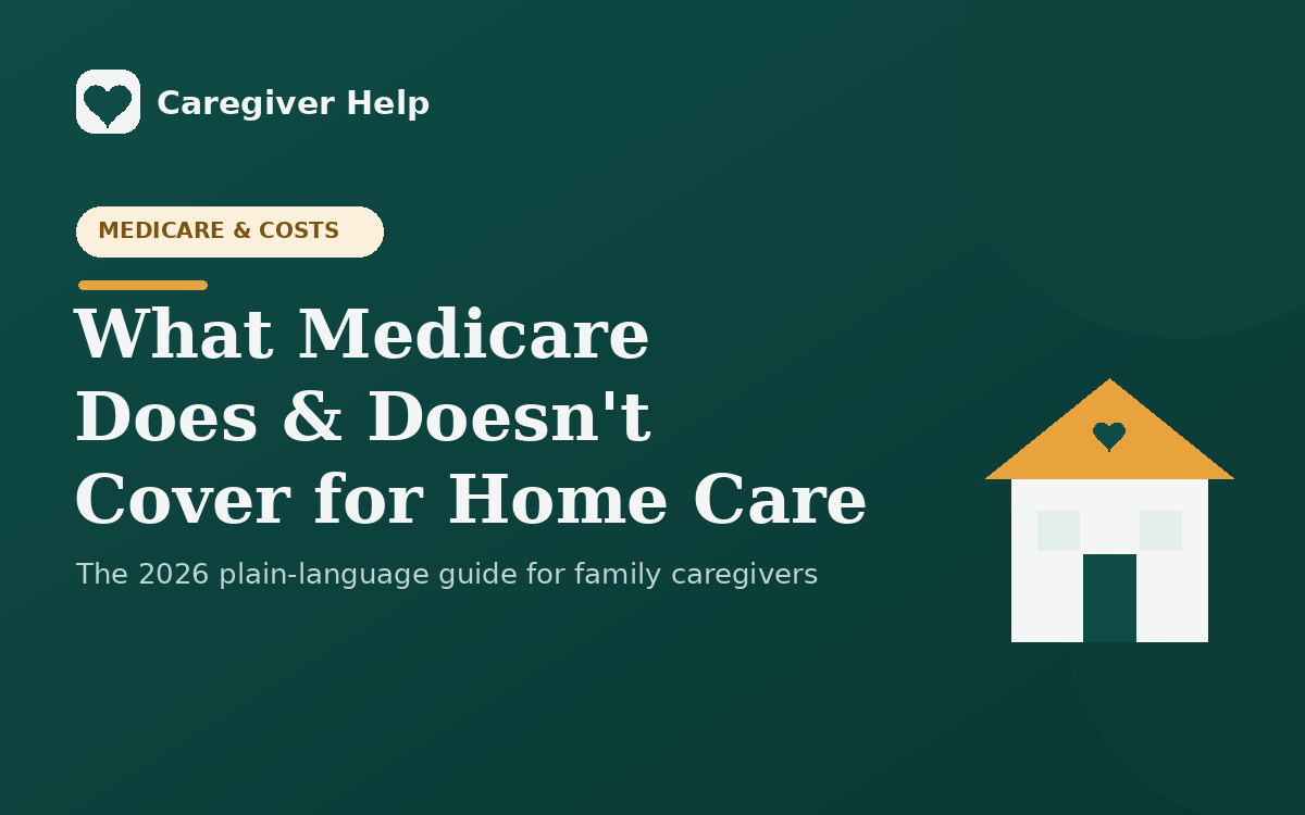 Caregiver Help guide to what Medicare covers for home care, showing a home and a checklist